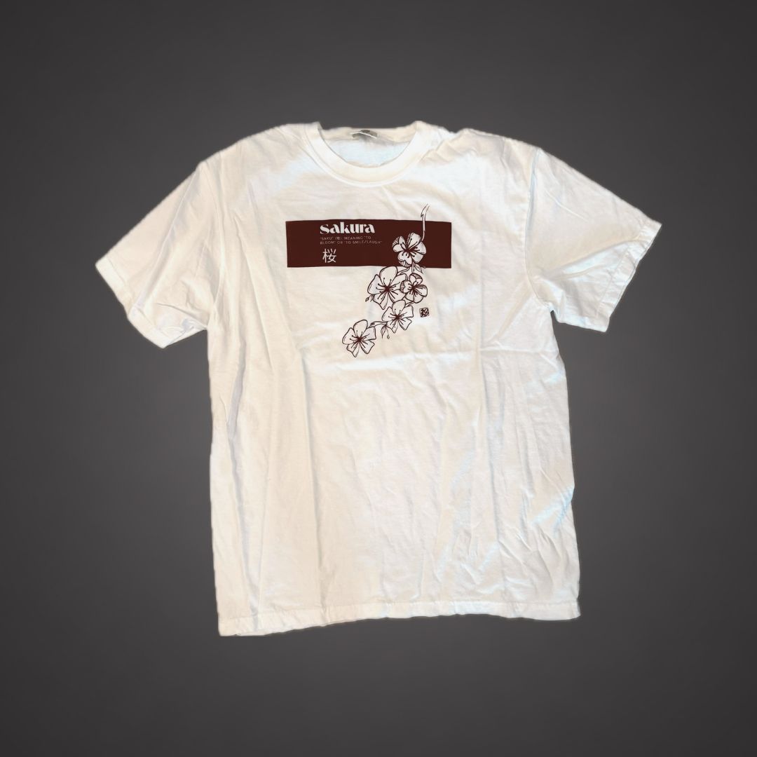 White Shirt with a Sakura design in Red Ink