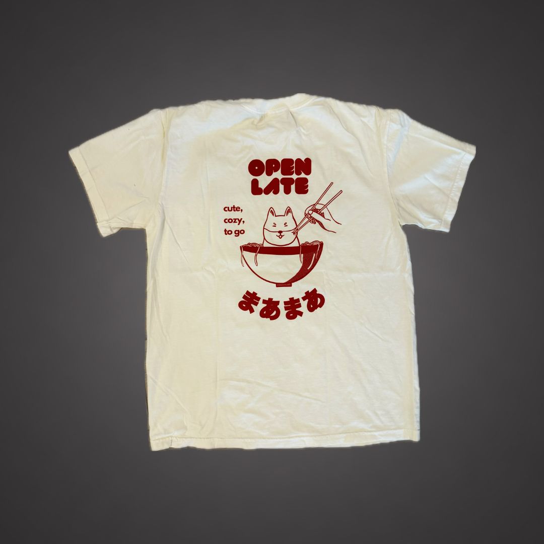 Red Ink Design of a Bowl of Ramen and a Shiba with Caption "Open Late"